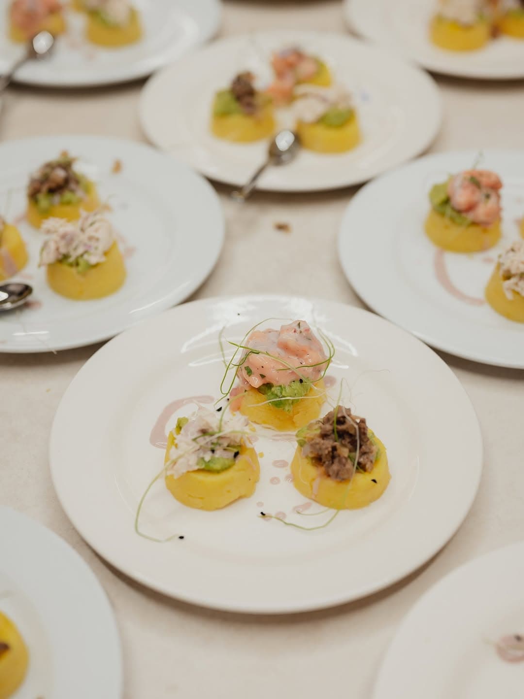 Menu tasting table with multiple dishes served for a couple in Cartagena